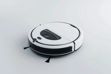A sleek and modern robotic vacuum cleaner with anti-collision sensors and automatic obstacle detection isolated on a solid white background.