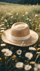 Retro summer fashion concept made with straw hat with white ribbon in a meadow surrounded with daisies. Bright natural floral design.