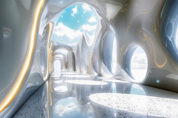 Futuristic corridor with light and reflections. Architectural background of futuristic design.