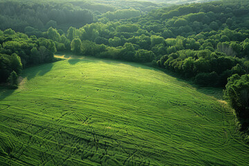 Aerial view of a green meadow in the middle of a forest