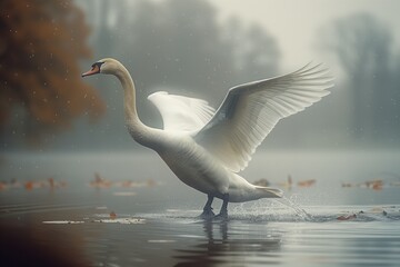 Majestic Arrival: Swan's Bold Landing Amidst Enshrouding Fog