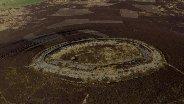White Caterthun prehistoric hillfort, Brechin, Scotland. Possibly Pictish, on earlier Bronze or Iron Age occupation site. Video fly out looking NW