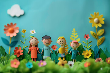 Miniature people: happy children standing in the garden with flowers. The concept of the International Children's Day.