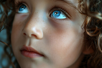 Close up portrait of a little girl with curly hair and blue eyes
