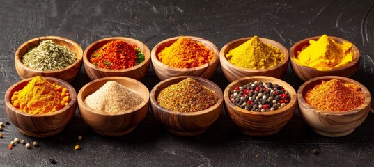 Assortment of gourmet spices and seasonings in elegant wooden bowls on dark background