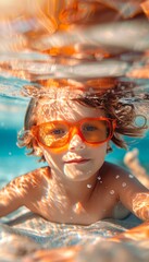 Naklejka premium Cheerful caucasian boy enjoys diving underwater for a playful swimming experience