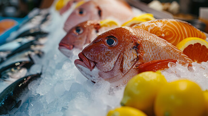Fresh fish on ice with lemons at seafood market. Close-up photography. Seafood market and culinary concept. Design for poster, banner, menu - obrazy, fototapety, plakaty