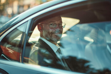 Portrait of a business executive man commuting to work sitting back seat of the car - obrazy, fototapety, plakaty