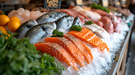 Assorted fresh fish and seafood on ice at market display. Close-up gourmet photography. Seafood market and culinary concept. Design for poster, banner, menu - obrazy, fototapety, plakaty