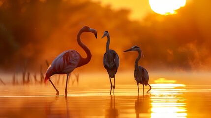 Twilight Flamingo Parade: Majestic Silhouettes Against the Setting Sun