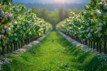 Naklejka premium Apple Tree Orchard: Rows of blossoming trees in a spring landscape. 