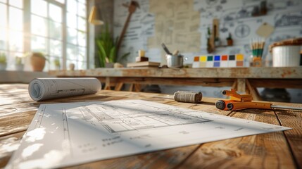 Architectural plans on desk with sunlight