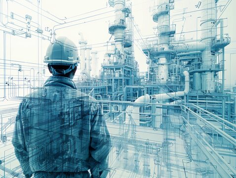 A man in a hard hat stands in front of a large industrial plant. The plant is filled with pipes and machinery, and the man is looking at it with interest