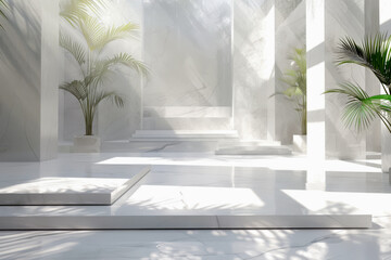 White interior background. White marble floor and green plants in the room.