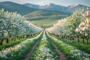 Naklejka premium Apple Tree Orchard: Rows of blossoming trees in a spring landscape. 