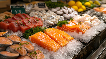 Variety of fresh fish and seafood on ice at a market display. Close-up view of salmon, tuna, and shellfish. Culinary and gourmet food concept for design and print
