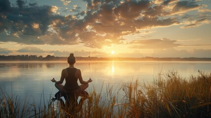Woman meditating at peaceful lake seaside calming concept