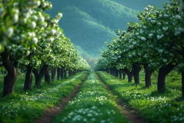 Fototapeta na wymiar Apple Tree Orchard: Rows of blossoming trees in a spring landscape. 