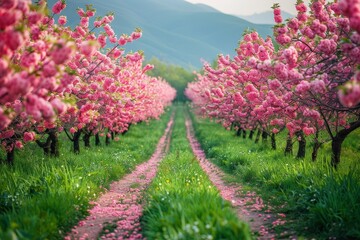 Obraz premium Apple Tree Orchard: Rows of blossoming trees in a spring landscape. 