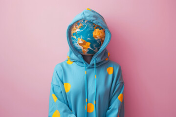 Girl in blue sweatshirt with planet earth instead of head on pink background. Concept of preserving...