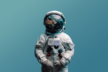 Astronaut in spacesuit with planet earth in place of head on blue background with copy space.