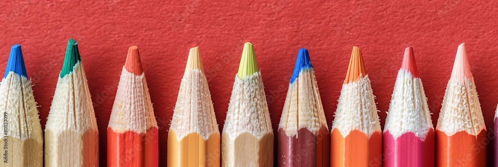 Poster Vibrant array of colorful pencils on bold red backdrop for creative art projects
