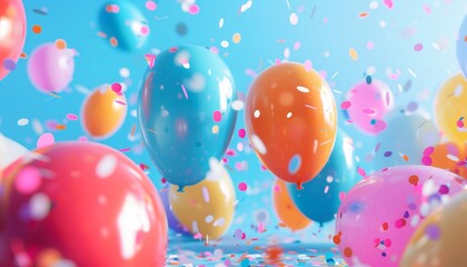 Bright and colorful balloons with floating confetti create a playful and festive setting for any party or event.

