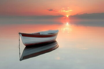 Tranquil sunset scene with empty wooden rowboat resting on calm and smooth waters