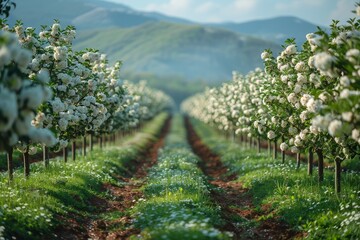 Fototapeta na wymiar Apple Tree Orchard: Rows of blossoming trees in a spring landscape. 