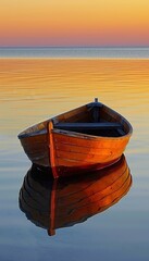 Tranquil sunset ocean view with an unoccupied wooden rowboat on calm, peaceful waters