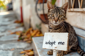 Adopt Me - Heartwarming Kitten Adoption Appeal. A charming kitten with mesmerizing eyes sits next to a sign reading 'adopt me', making a touching appeal for adoption. - obrazy, fototapety, plakaty