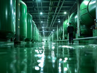 A man walks through a large industrial building with green tanks. The tanks are filled with water and the floor is wet. The man is wearing a black jacket and he is focused on his task