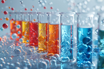 Test tubes with reagents and molecule, medicine concept, 3d illustration
