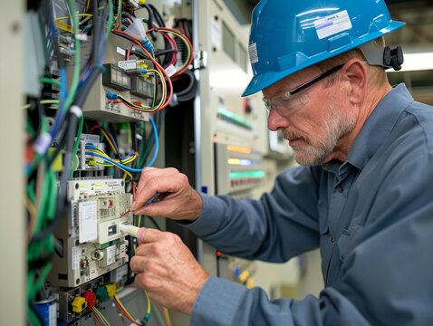 A man in a blue helmet is working on a power box. He is wearing safety glasses and a hard hat