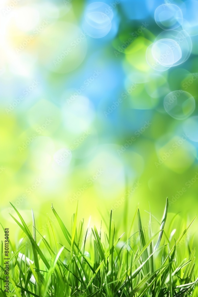 Poster blurred spring meadow with sunny sky gradient and defocused bokeh effect for serene natural backdrop