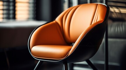 A black chair with brown leather is in a room - obrazy, fototapety, plakaty