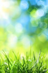 Fototapeta na wymiar Blurred spring meadow with sunny sky gradient and defocused bokeh effect for serene natural backdrop