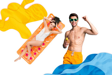 Creative collage picture young happy joyful man naked torso fit sexy lying girl resort pool...