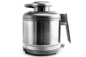 A sleek silver juicer with a wide feeding chute and stainless steel blades isolated on a solid white background.