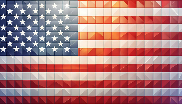 Amrican flag as a stunning glass mosaic, with each piece reflecting light differently, and embed within the mosaic