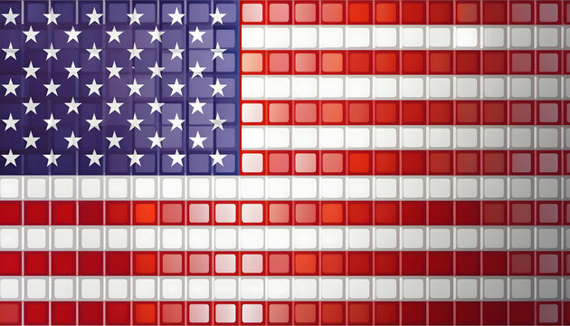 Amrican flag as a stunning glass mosaic, with each piece reflecting light differently, and embed within the mosaic