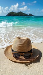 Stylish sun hat and sunglasses on exotic beach, ideal for summer travel marketing