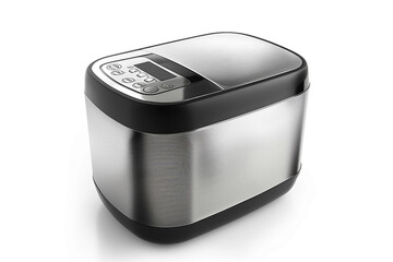 A sleek stainless steel bread maker with a digital control panel isolated on a solid white background.