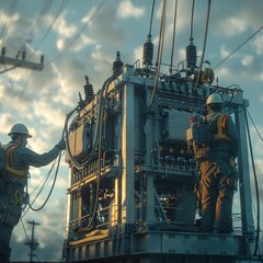 Two men are working on a large electrical device. Scene is serious and focused, as the workers are likely dealing with a complex and potentially dangerous task