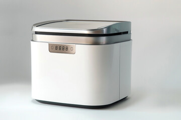 A space-saving bread maker designed with a vertical orientation and a built-in timer for fresh bread in the morning isolated on a solid white background.