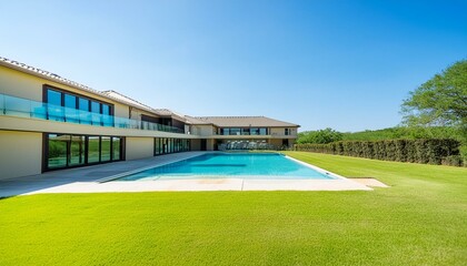 Fototapeta premium Texas Tranquility: A Contemporary Retreat with a Sprawling Pool and Panoramic Views