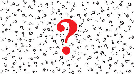 Random black question mark background with large one in red color. Vector illustration isolated on transparent.