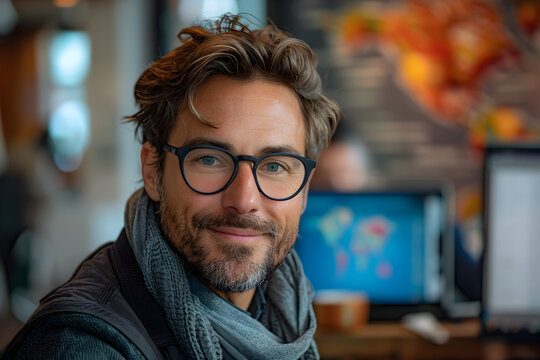 Man Working on Computer in Dutch Landscape Style