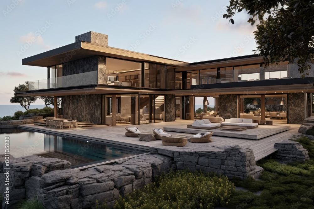 Poster a large, extravagant house with a pool in front of it, showcasing elegance and opulence. generative 