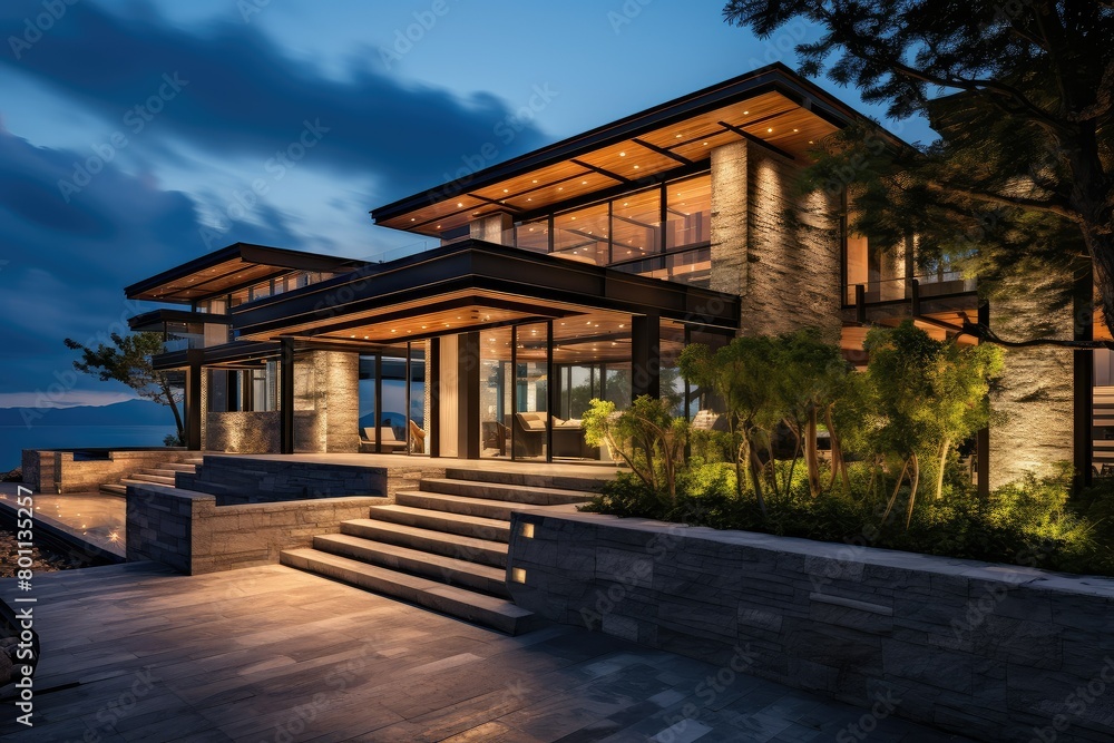 Poster a grand luxury home featuring numerous windows and multiple staircases, creating a striking architec